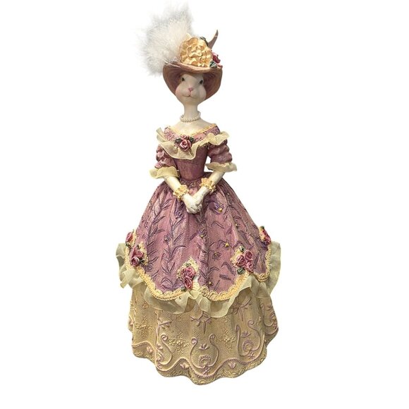 Vintage Victorian-Style Bunny Figurine In Pink Dress With Hat & Feathers - Picture 5 of 10